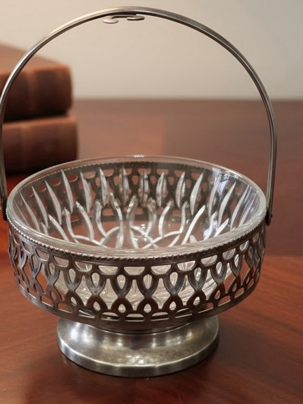 Vintage Sheffield Glass & Silver-plate Serving Caddy/Basket with Glass Insert